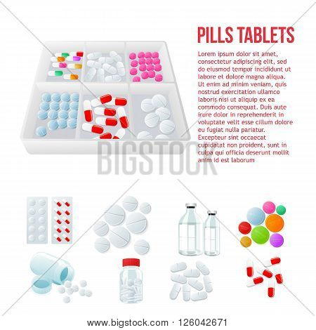 Packaging of medicines, various pills, white and color on a white background, vector illustration with set of drugs, colorful products. Bottles and boxes with colored vitamins. Things to human health