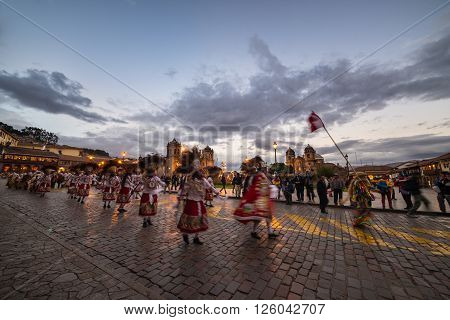 Traditional Dancing And Festival In Plaza De Armas, Cusco, Peru