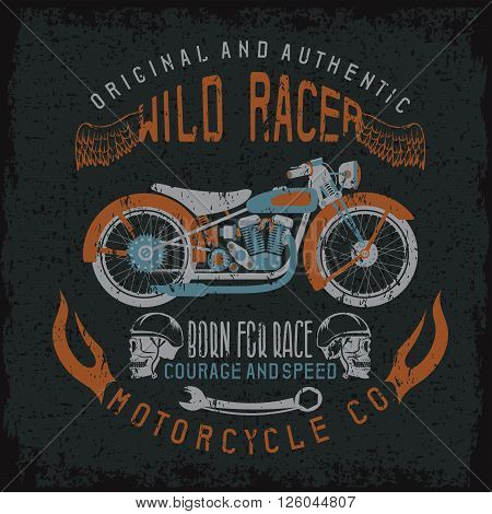 Wild Racer Vintage Print With Motorcycle,wings And Skulls