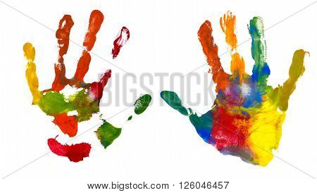 Hands Kid painted stamped on paper isolated on white