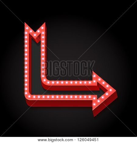 Retro arrow with neon lights. Volumetric boom frame with glowing lights and black empty prostranstovm. Index on a black background. Vintage red arrow. illustration