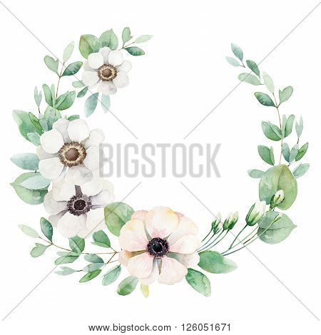 Round composition with white and pink anemones isolated on white background. Watercolor illustration