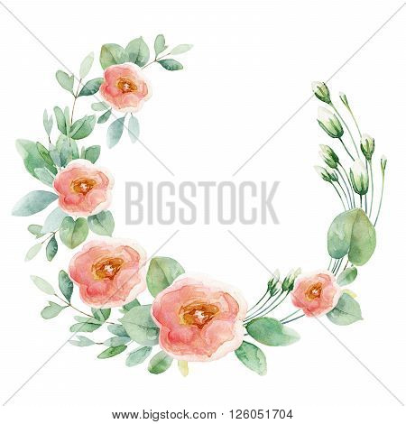 Round composition with pink roses isolated on white background. Watercolor illustration