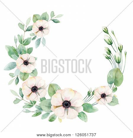 Round composition with pink anemones isolated on white background. Watercolor illustration