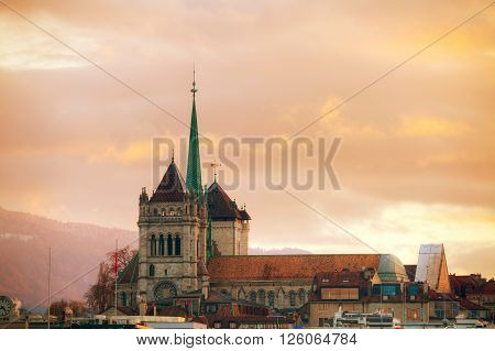 Geneva cityscape overview with St Pierre Cathedral in Geneva Switzerland.