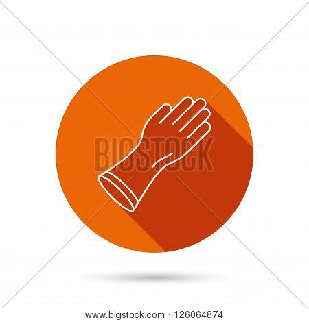 Rubber gloves icon. Latex hand protection sign. Housework cleaning equipment symbol. Round orange web button with shadow.