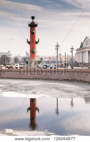 SAINT PETERSBURG, RUSSIA - MARCH 26, 2016: Spit of Vasilyevsky Island with Rostral columns is one of the main and most beautiful ensembles of St. Petersburg