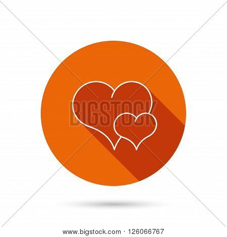 Love heart icon. Couple romantic sign. Round orange web button with shadow.