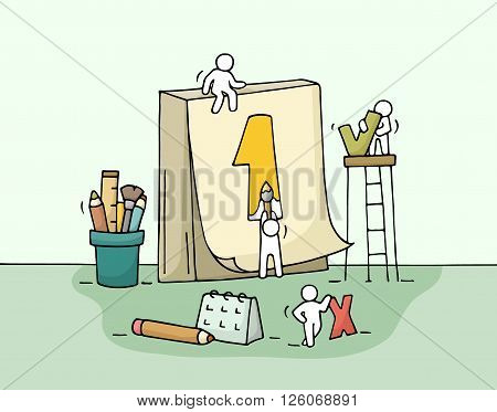 Sketch of working little people with calendar office supplies. Doodle cute miniature teamwork and prepare for important date. Hand drawn cartoon vector illustration for business design and infographic.
