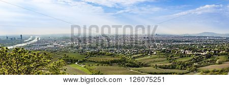 VIENNA, AUSTRIA - APR 24, 2015: scenic panorama of vienna with the suburbs and river danube