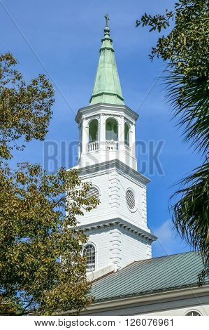 The historical  Steeple of St Helena's Episcopal Church in Beaufort, SC.  It was built in 1817 & has been maintain for nearly 200 yrs.