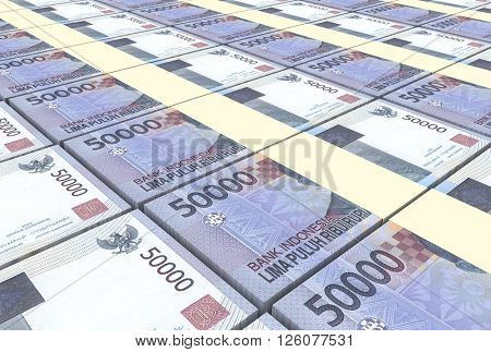 Indonesian rupiah bills stacks background. 3D illustration.
