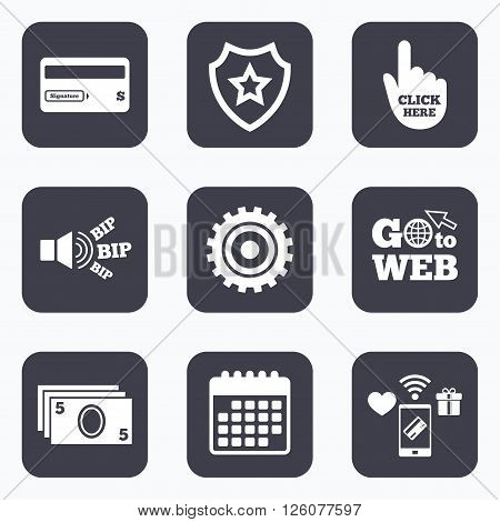 Mobile payments, wifi and calendar icons. ATM cash machine withdrawal icons. Insert bank card, click here and check PIN, processing and get cash symbols. Go to web symbol.