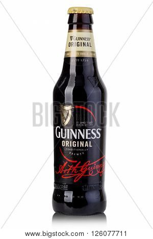 CHISINAU MOLDOVA - Ferbruary 05 2016: A bottle of Guinness beer on a white background. Guinness is one of the most successful beer brands worldwide.