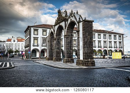 Ponta Delgada Azores Portugal - April 20 2015: Portas da Cidade- historic entrance to the town of Ponta Delgada on Sao Miguel island Azores