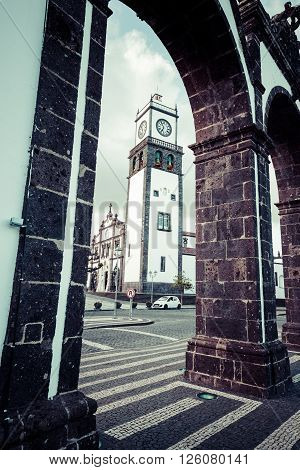 Ponta Delgada Azores Portugal - April 20 2015: Portas da Cidade- historic entrance to the town of Ponta Delgada on Sao Miguel island Azores