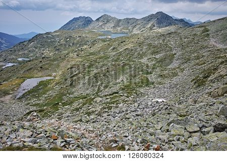 Panoramic view of Tevno lake from Kralev Dvor Peak, Pirin Mountain, Bulgaria