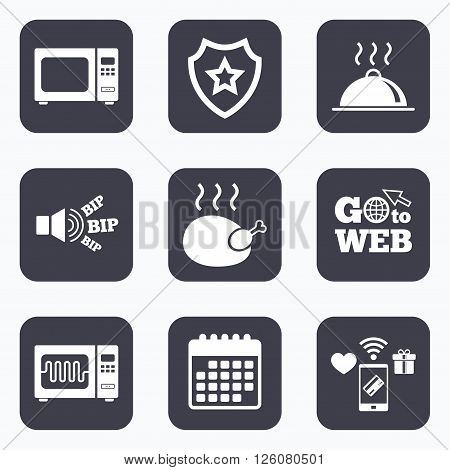 Mobile payments, wifi and calendar icons. Microwave grill oven icons. Cooking chicken signs. Food platter serving symbol. Go to web symbol.