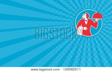 Business card showing illustration of a butler waiter serving food in a platter looking to the side viewed from front set inside circle on isolated background done in retro style.