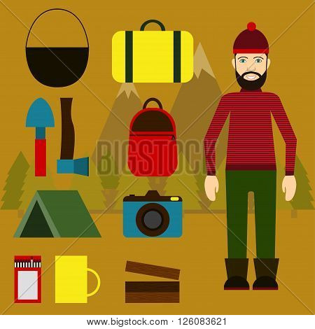 Set of objects for camping in forest. Vector illustration
Traveler. The set of equipment for traveling and camping in forest. Hiking man. Flat design