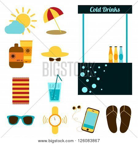 Set of objects for recreation on the beach. Vector illustration
Summer holiday. Set for rest on the beach. Hat, sunglasses, umbrella, sunscreen, water, watch, player, blanket, flip-flops. Flat design