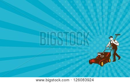 Business card showing Woodcut style illustration of male gardener with lawn mower mowing and holding rake on shoulder set on isolated white background.
