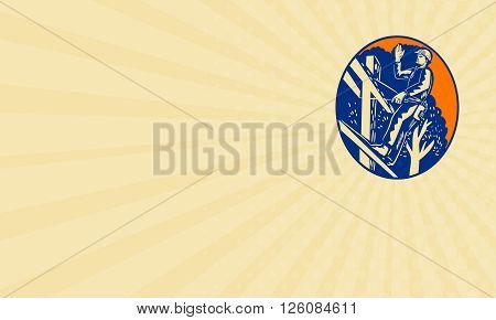 Business card showing illustration of a power lineman telephone repairman worker standing on electric pole with harness waving hand saying hellow viewed from low angle done in retro woodcut style.