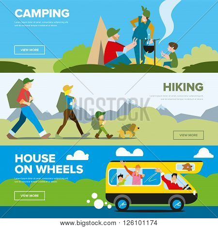 Banners of hiking and family adventure. Weekend journey. Vector illustration. Activity life. Outdoor leisure. House on wheels.