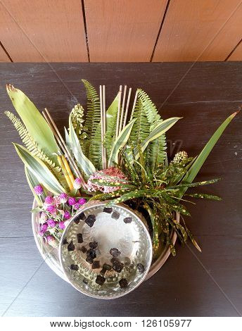 Thai Flowers And Water With Som Poi (acacia Concinna) Water In Tray With Pedestal On Wood Table (use