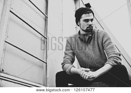 Hipster man portrait in black and white