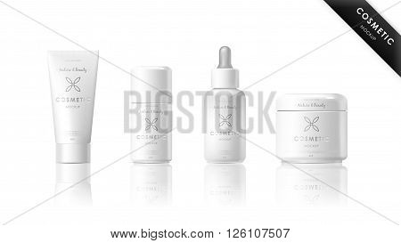 Realistic cosmetic bottle mock up set isolated pack on white background. Cosmetic brand template. Vector cosmetic packaging. Shampoo pack. Blank cosmetic package collection. Cosmetics beauty products. Cosmetic isolated product. 3d cosmetic bottle. Plastic
