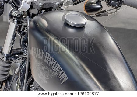 BRNO, CZECH REPUBLIC-MARCH 4,2016: Close up fuel tank of motorcycle Harley Davidson Sportster Iron 883 on International Fair for Motorcycles on March 4,2016 in Brno in Czech Republic