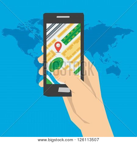 Vector concept using gps navigation. Hand holds smartphone with city map gps navigator. Easy and quick finding right route incity. Flat style. Web infographics
