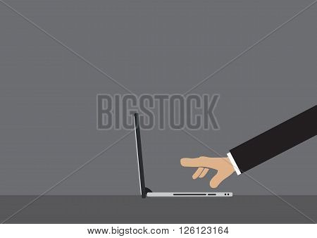 Side view of cartoon hand in long sleeves with extended fingers clicking on laptop computer keyboard isolated on grey background. Vector illustration for business on the go concept.