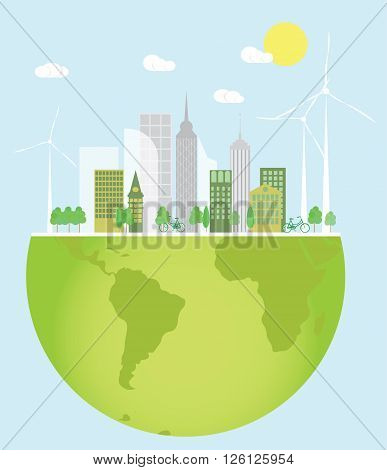 Eco friendly green city with wind turbines