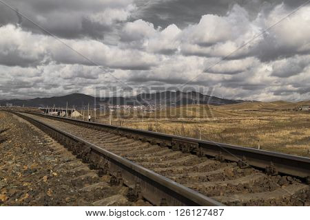 Railway, spring sky and the beautiful steppe