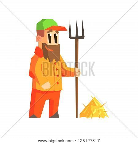 Man With Fork And Hay Primitive Geometric Cartoon Style Flat Vector Design Isolated Illustration