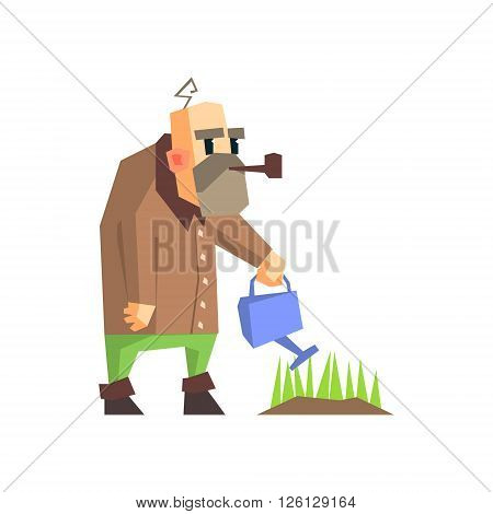 Man Watering The Grass Primitive Geometric Cartoon Style Flat Vector Design Isolated Illustration