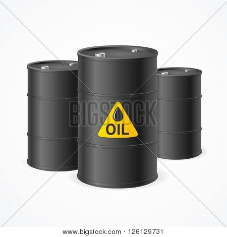 Black Oil Barrel Drums with Labels. Vector illustration
