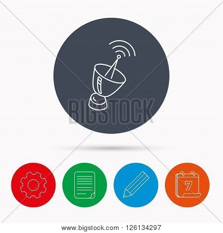 Antenna icon. Sputnik satellite sign. Radio signal symbol. Calendar, cogwheel, document file and pencil icons.