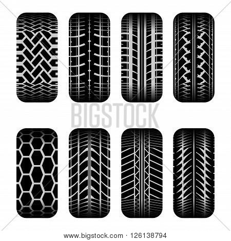 Set of eight black car tire tracks with shadow