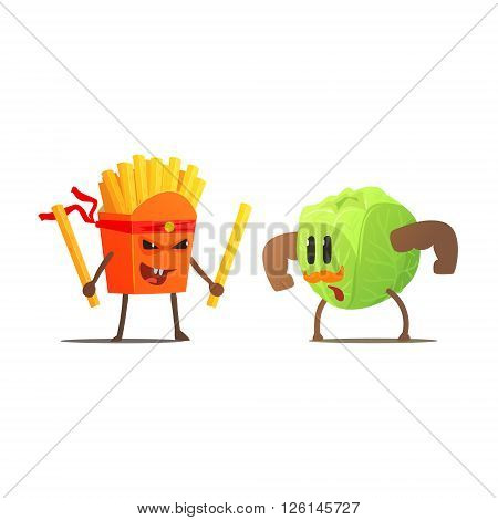 French Fries Against Cabbage Cartoon Fight Flat Vector Funny Illustration In Childish Style On White Background