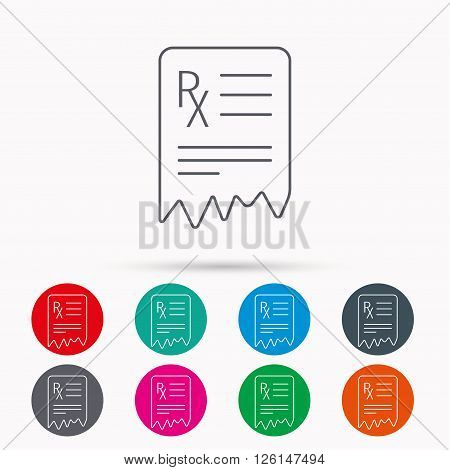 Medical prescription icon. Health document sign. Linear icons in circles on white background.