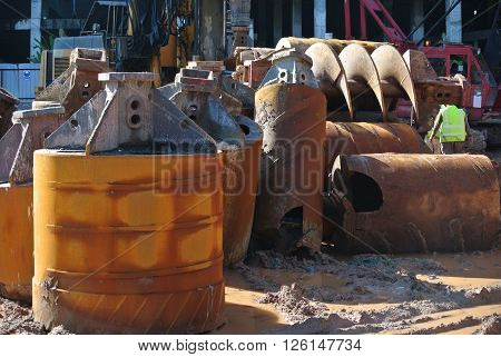 JOHOR, MALAYSIA - APRIL 02, 2015: Bore pile rig auger at the construction site in Johor, Malaysia. The bore pile rig machine used this auger during drilling soil for the foundation work.