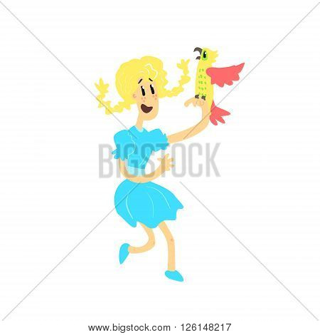 Young Girl With Parrot Flat Isolated Vector Simple Drawing On White Background In Funny Cartoon Style