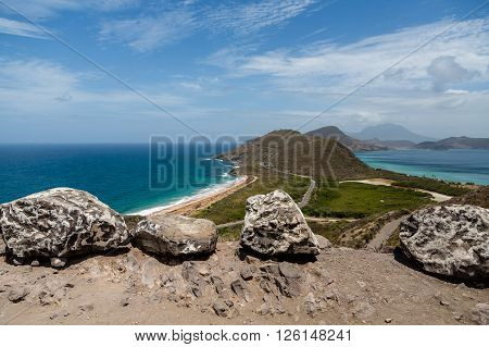 View from hilltop on St Kitts overlooking the Atlantic Ocean and Caribbean