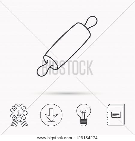 Rolling pin icon. Kitchen baker roller sign. Download arrow, lamp, learn book and award medal icons.