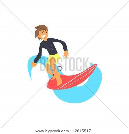Guy In Rashguard On Red Surfboard Flat Isolated Cartoon Simple Design Illustration In Bright Colors On White Background