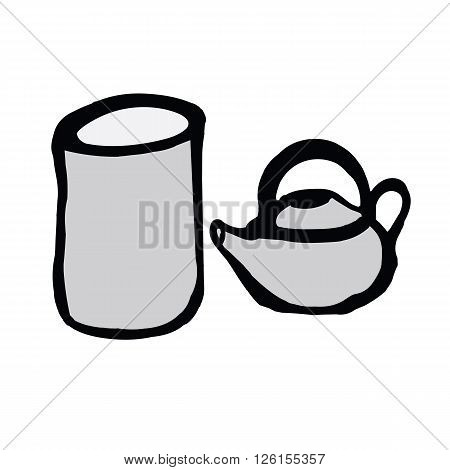 Japanese tea cup and teakettle in hand drawing doodle style isolated on white background