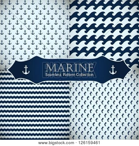 Set of sea and nautical backgrounds in dark blue and white colors. Sea theme. Seamless patterns collection. Vector illustration.